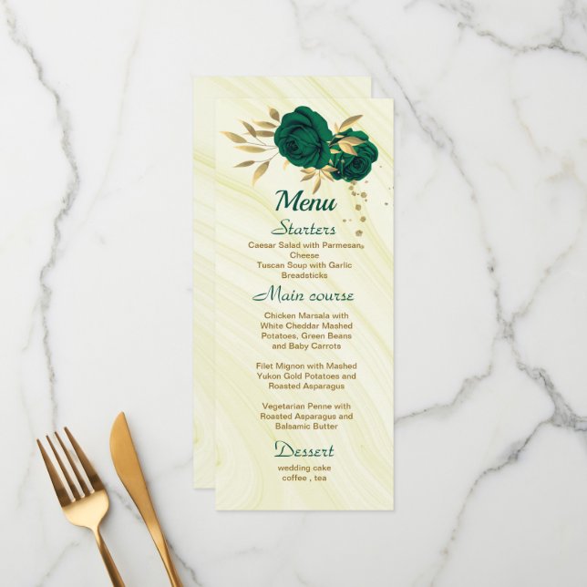 Menu chic emerald green gold floral casamento (Frente/Verso In Situ)
