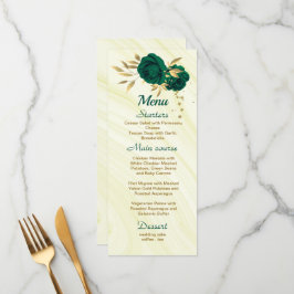 Menu chic emerald green gold floral casamento