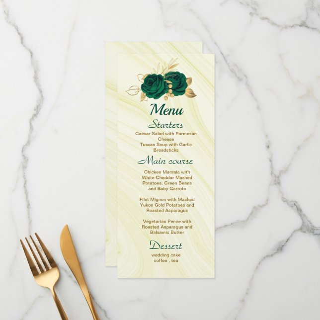 Menu chic emerald green gold floral casamento (Frente/Verso In Situ)