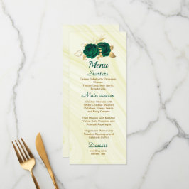 Menu chic emerald green gold floral casamento