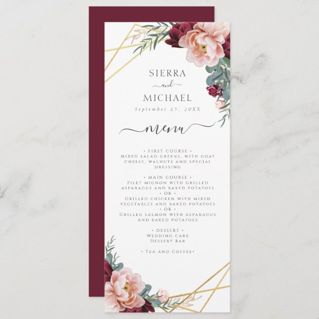 Menu Chic Floral Blush Burgundy Recepção de casamento D (Frente/Verso)