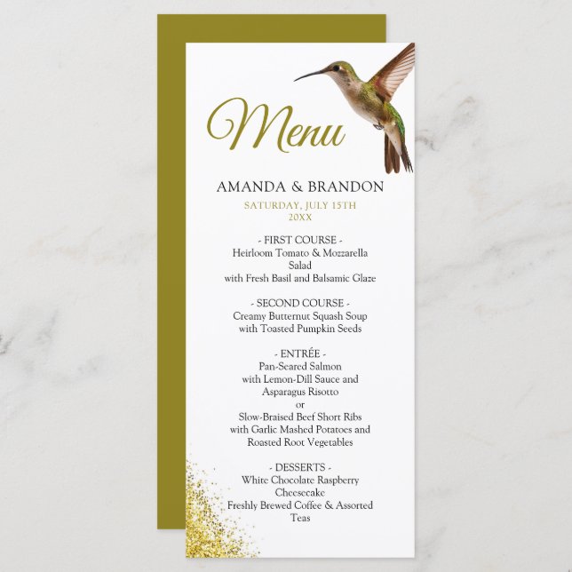 Menu Chic Green Hummingbird e Dourado Casamento de Poei (Frente/Verso)