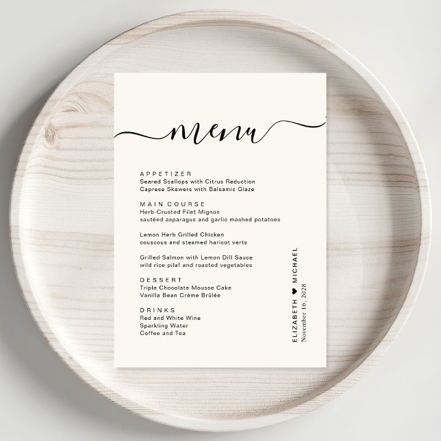 Menu Chic Script Creme Recepção de Casamento (Criador carregado)