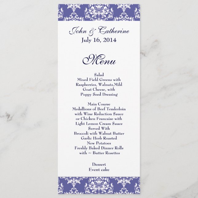 Menu Chic Slate Blue & White Casamento tema damasc (Frente)