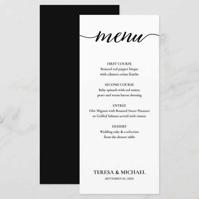 Menu Chic Wedding Black and White Simple Editable (Frente/Verso)