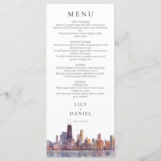 Menu Chicago Skyline Watercolor Destination Wedding (Frente)
