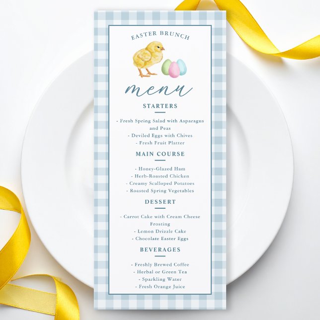 Menu Chick And Pastel Eggs Blue Gingham Easter Brunch (Criador carregado)
