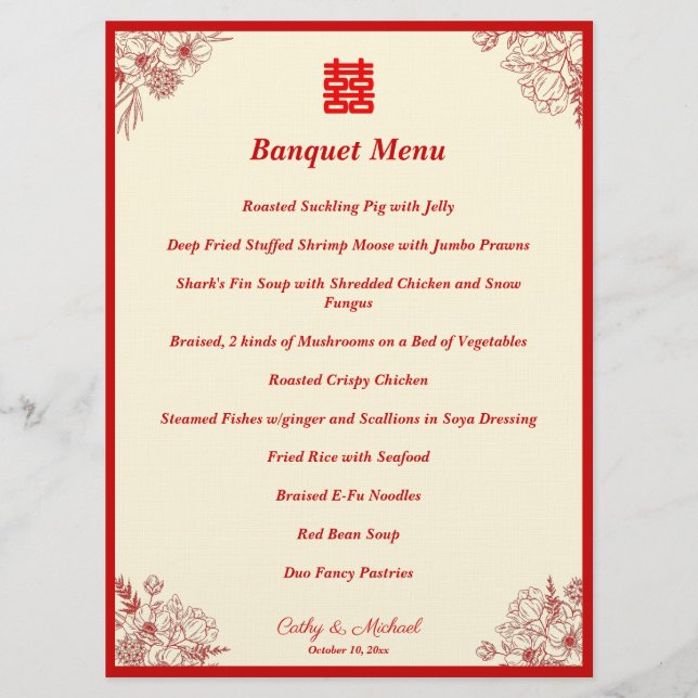 Menu Chinês, vermelho-cervo-branco, estrutura floral or (Frente)