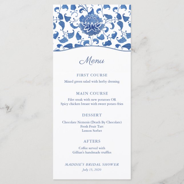 Menu Chinoiserie Chá de casamento Azul E Branco (Frente)