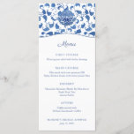 Menu Chinoiserie Chá de casamento Azul E Branco<br><div class="desc">Este design de cartão de menu clássico apresenta um padrão de fundo de chinoiserie azul e branca pintado à mão com base num padrão visto num boião de gengibre vintage.</div>