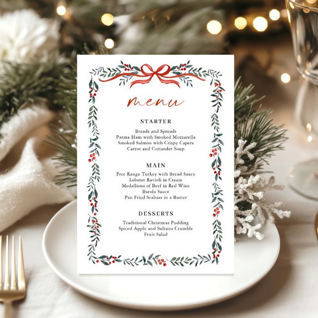 Menu Christmas Whimsical Red Bow Wreath Dinner Party (Criador carregado)