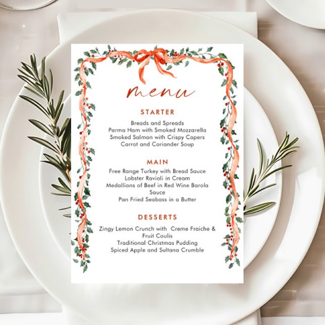 Menu Christmas Whimsical Red Bow Wreath Dinner Party (Criador carregado)