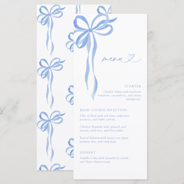 Menu Chuva de Noiva em Aquarela Azul Moderna com Laço (Frente/Verso)