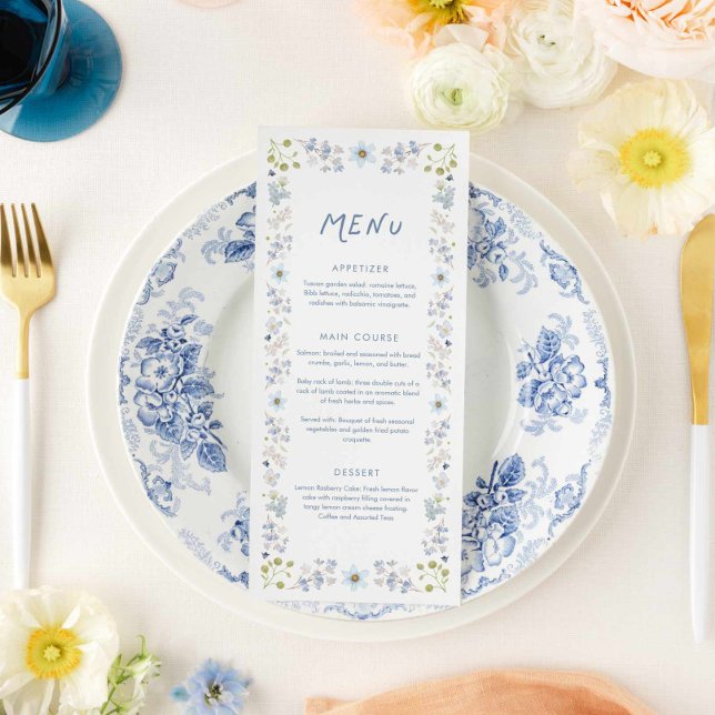 Menu Chuva de Noiva Floral Azul Elegante (Blue Floral Garden Bridal Shower Menu Card)
