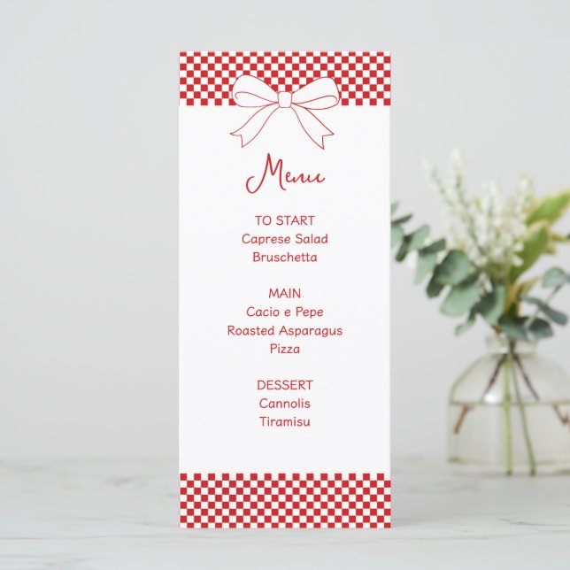 Menu Ciao Baby! Italian Red Bow Gingham Baby Shower  (Em pé/Frente)