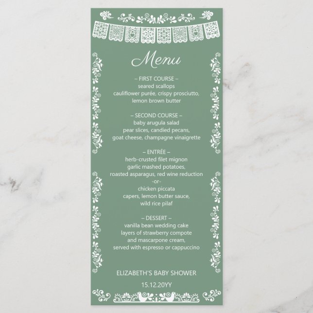 Menu Cielito Lindo Sage Green Papel Picado Baby Shower (Frente)