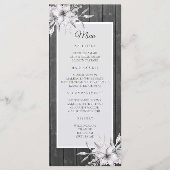 Menu Cinza apressada. Casca de madeira de casamentos (Frente)