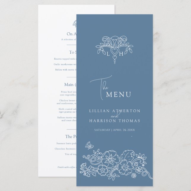 Menu Cinza azul monograma branco fleur de lis casamento (Frente/Verso)