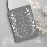 Menu Cinza de Casamento de Wreath de Silhouette Silhoue<br><div class="desc">Este elegante cardápio de casamento apresenta flores silvestres como uma coroa e iniciais no verso. Para uma personalização mais avançada deste design,  clique no BOTÃO FERRAMENTA DESIGN AZUL acima! Itens correspondentes também estão disponíveis.</div>