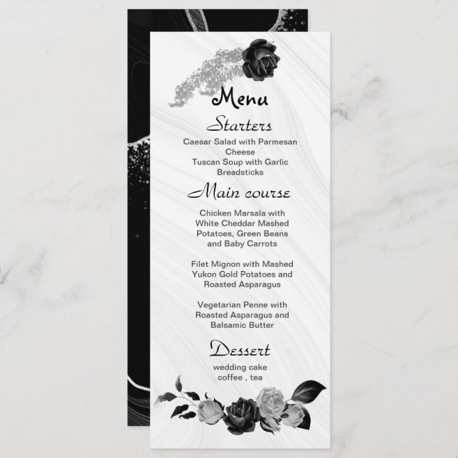 Menu cinza de prata e flores pretas casamento (Frente/Verso)