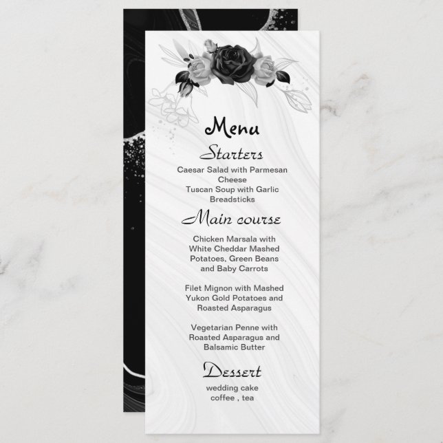 Menu cinza de prata e flores pretas casamento (Frente/Verso)