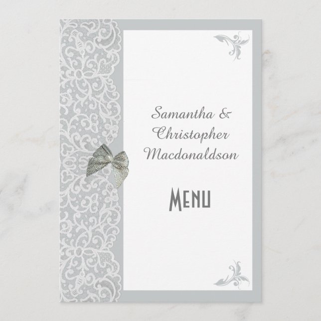 Menu Cinza e cardápio de casamento tradicional de renda (Frente)