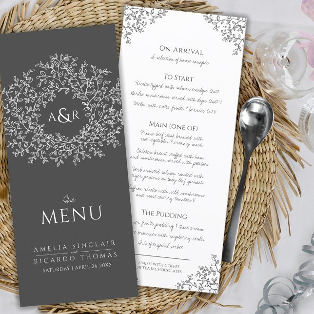 Menu Cinza e casamento do monograma com desenho de folh (Criador carregado)