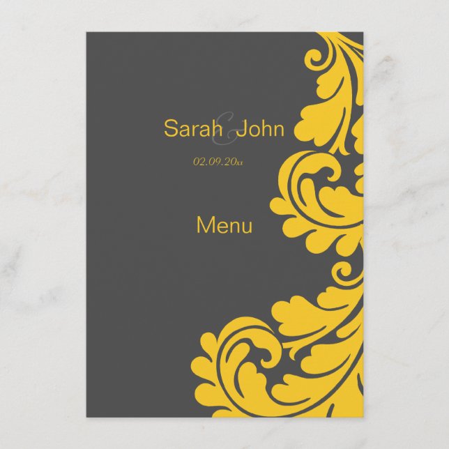 Menu cinzento e amarelo do casamento tema damasco (Frente)