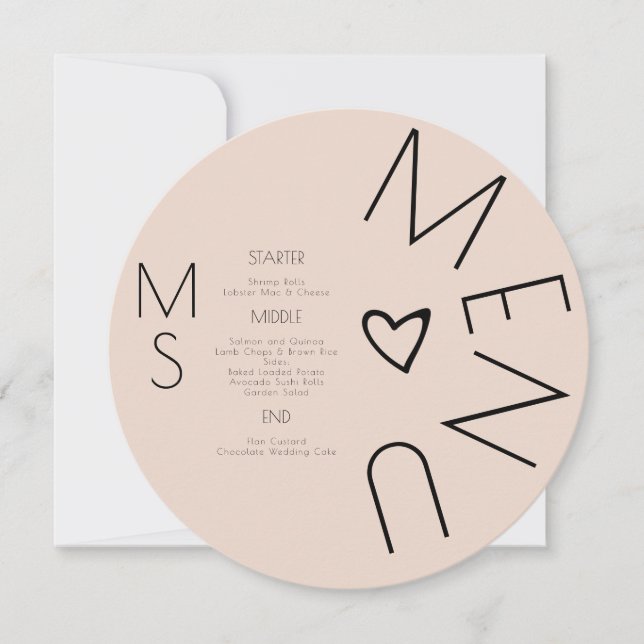 Menu Circular de Casamento Cardíaco com Monograma (Frente)