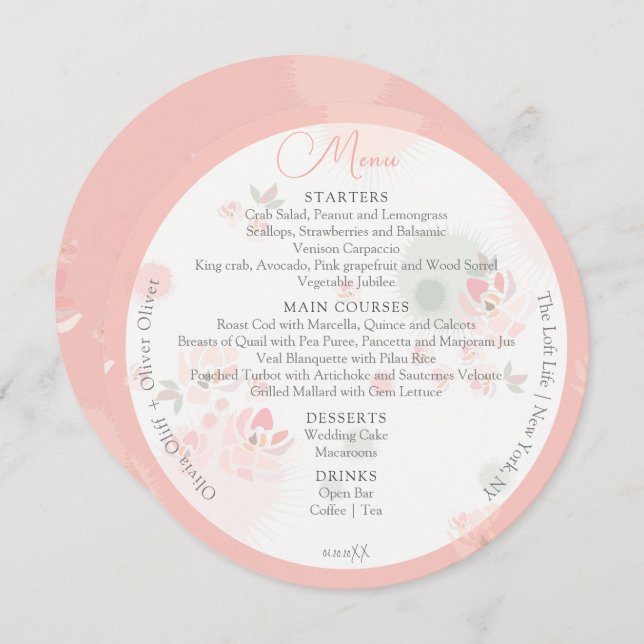 Menu Círculo de Casamento de Rosas de Lata Suave (Frente/Verso)