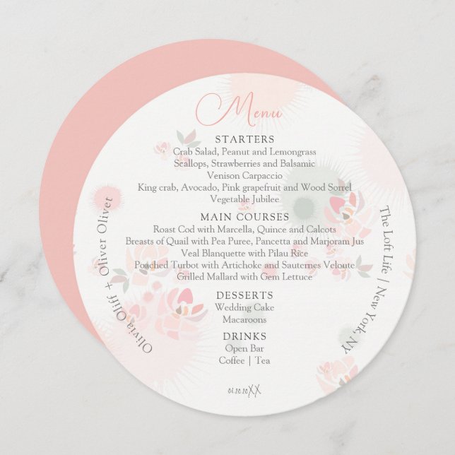 Menu Círculo de Casamento de Rosas de Lata Suave (Frente/Verso)