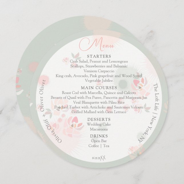 Menu Círculo de Casamento de Rosas de Lata Suave (Frente/Verso)