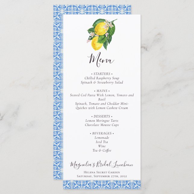 Menu Citrus Lemon Mediterranean Blue Bridal Luncheon (Frente/Verso)