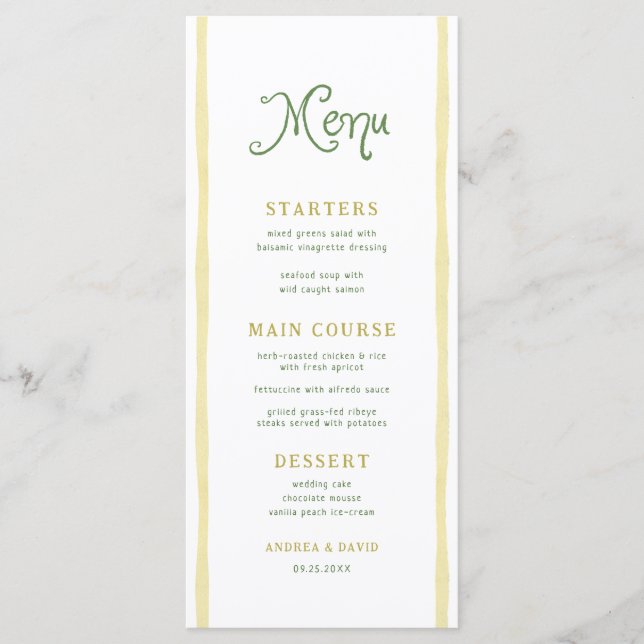 Menu Citrus Yellow Stripe Coastal Beach Summer Wedding (Frente)