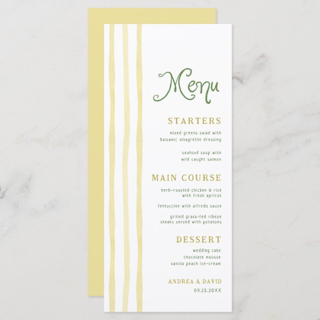 Menu Citrus Yellow Stripe Handwriting Summer Wedding (Frente/Verso)