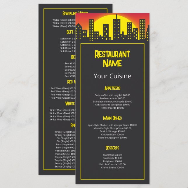 Menu City Sunrise, Restaurante Slimline (Frente/Verso)