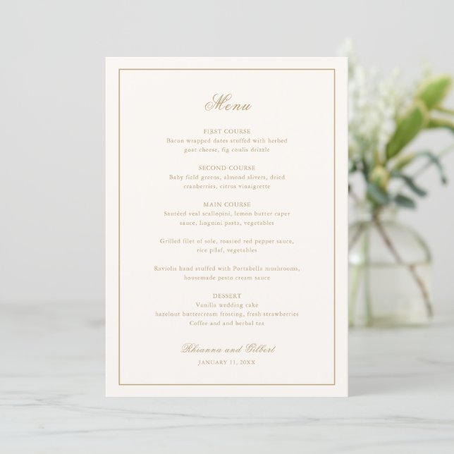 Menu Classic Border Ivory and Gold Timeless Wedding (Em pé/Frente)