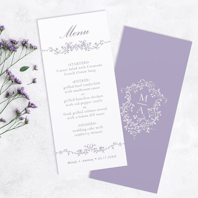 Menu Classic Lavender Floral Border Wedding (Front & Back)