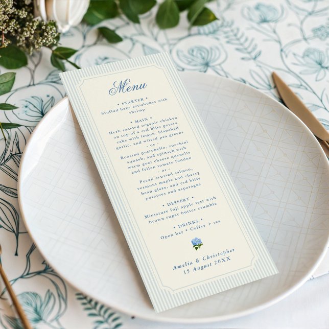Menu Classic Light Blue Stripes Hydrangea Wedding (classic blue pinstripes wedding menu)