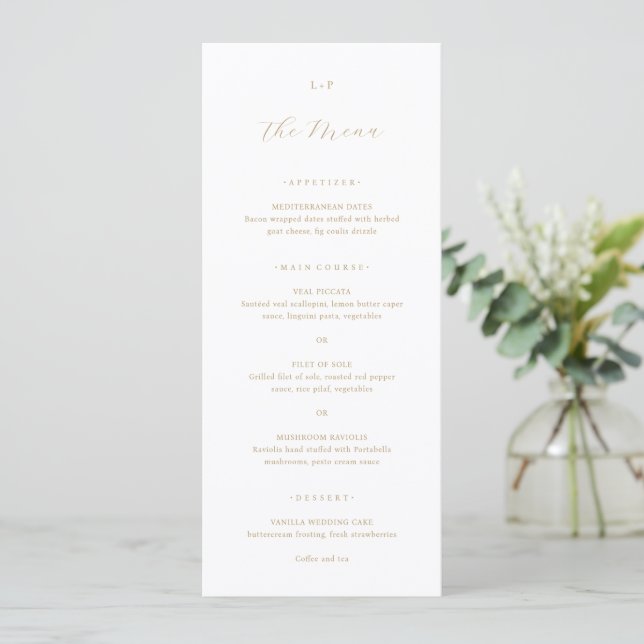 Menu Classic Neutral Monogram Elegant Wedding (Em pé/Frente)