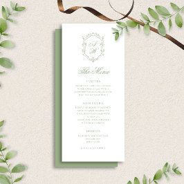 Menu Classic Sage Green Floral Monogram Crest Wedding