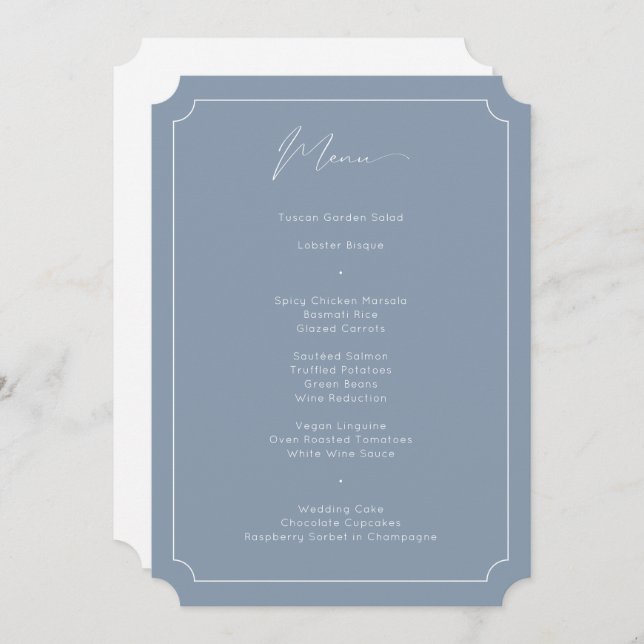 Menu Clássica Caligrafia Formal Casamento Azul (Frente/Verso)