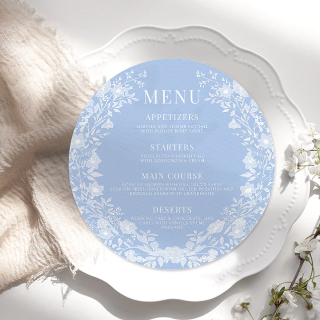 Menu Clássico azul branco de casamento floral à volta d (Criador carregado)