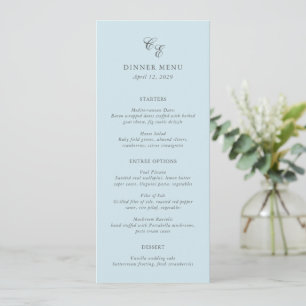 Menu Clássico Azul Pó Monograma Casamento Elegante