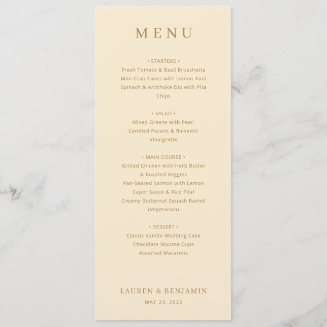 Menu Clássico Cardápio de Casamento Elegante Bege (Frente)