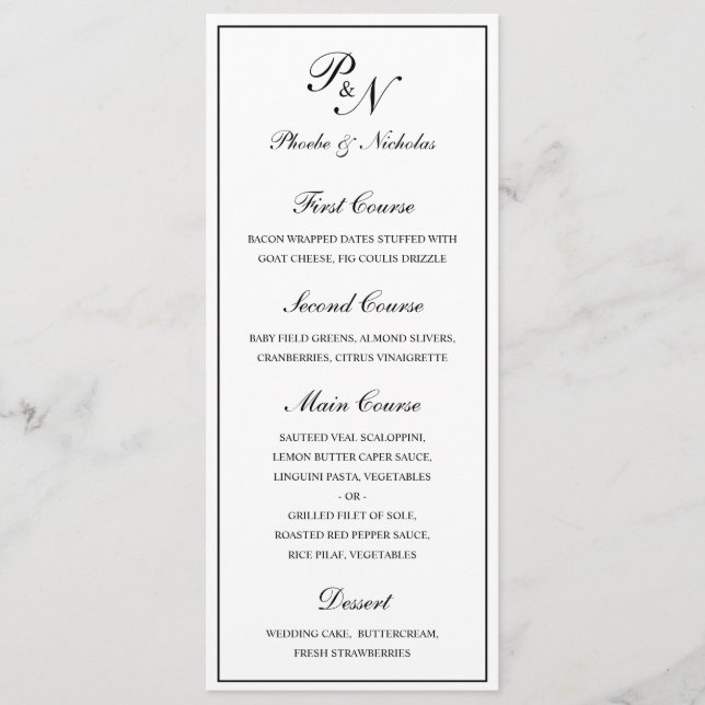 Menu Clássico Casamento Elegante Preto e Branco (Frente)