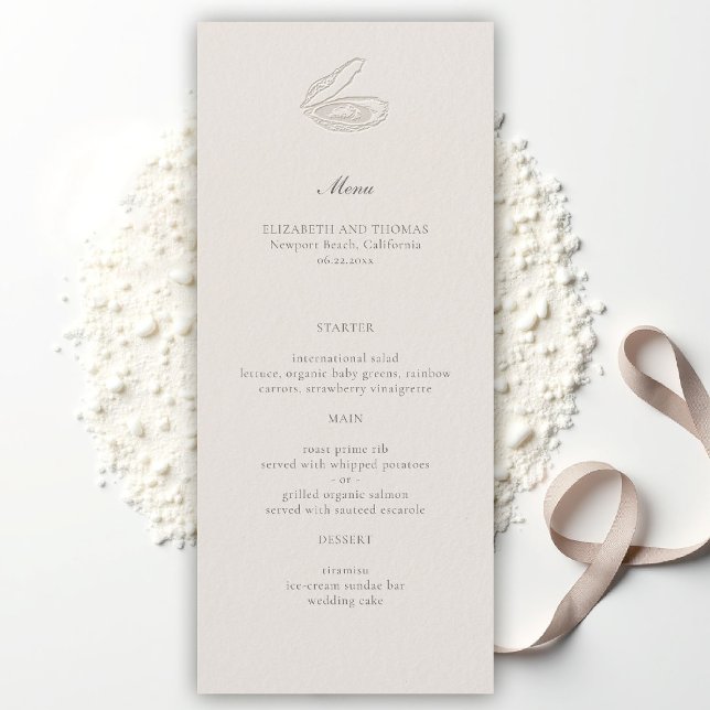 Menu Clássico Casamento Ostra Náutico Costeiro Ecru (oyster wedding menu coastal nautical formal traditional modern classic ecru elegant boat yacht sea)