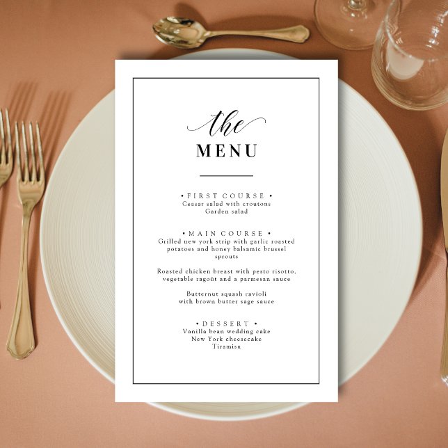 Menu Clássico de Casamento Preto e Branco Elegante (Classic elegant black and white wedding menu adds timeless style to each place setting)