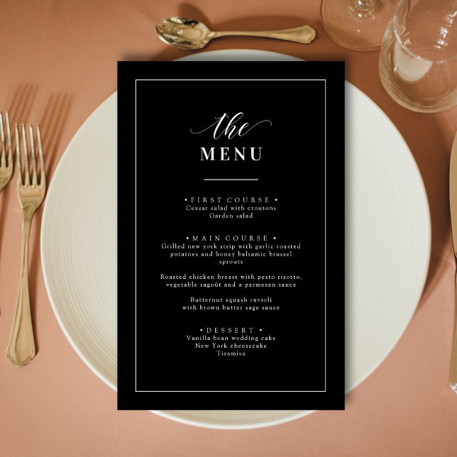 Menu Clássico de Casamento Preto e Branco Elegante (Classic elegant black and white wedding menu creates a refined, timeless dining experience)