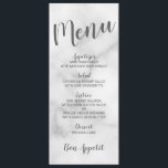 Menu Clássico Elegante White Marble Wedding<br><div class="desc">Cartão de Menu de Casamento de Mármore Branco Elegante Clássico com título na fonte de script moderno da cinza com detalhes do menu de casamento na fonte de sans moderna da cinza em fundo de mármore branco.</div>
